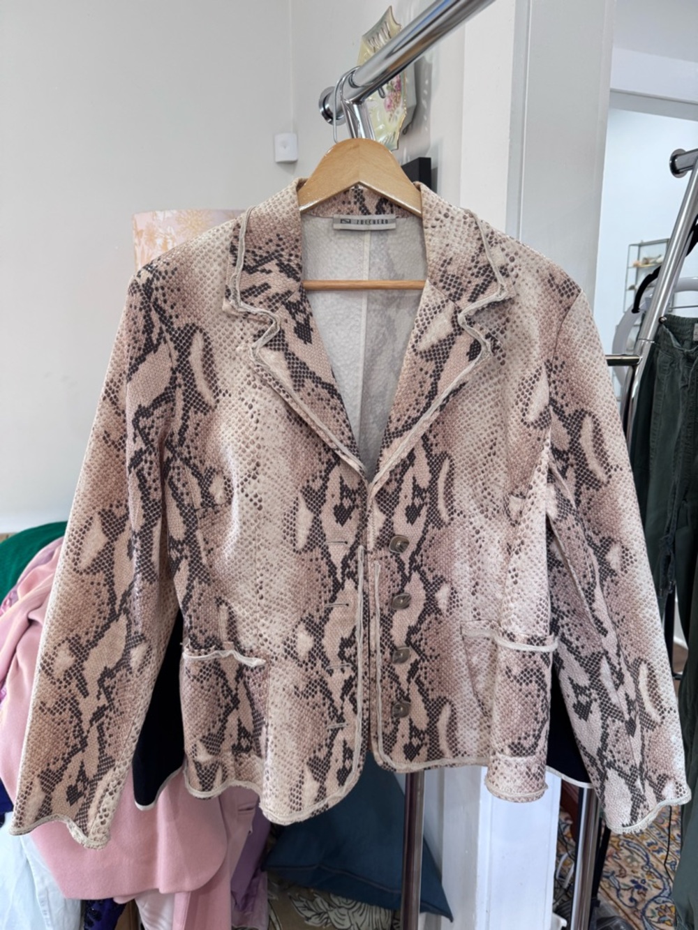 Women's Snake-Print Blazer Jacket in Taupe by zuechero. 98% cotton. Cool buttons